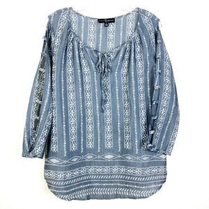 Fred David Womens Tie at Neck Top Size M Gray White 3/4 Sleeve Lattice Geometric